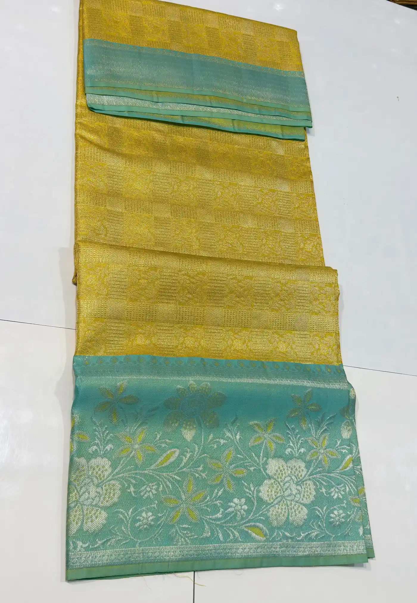 Sea Green Kanchipuram Handloom Bridal Silk Tissue Brocade Saree